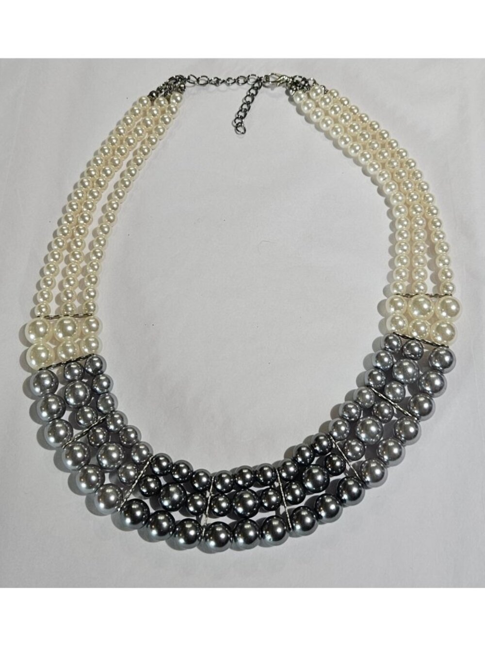 3 Tone Plastic Faux Pearl Beaded Bib Necklace 17 - 19 inches Long